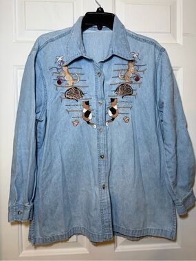 Passion Woman’s Denim LS Shirt Embroidered Cats MEDIUM? Collar Button Up Fun